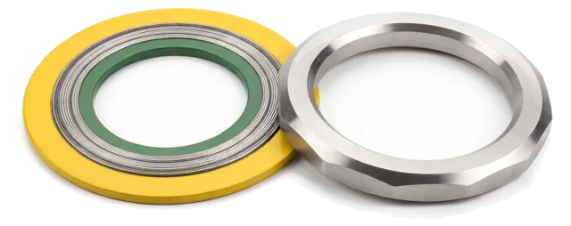 Spiral wound gaskets with inner and outer rings, and ring joint gaskets