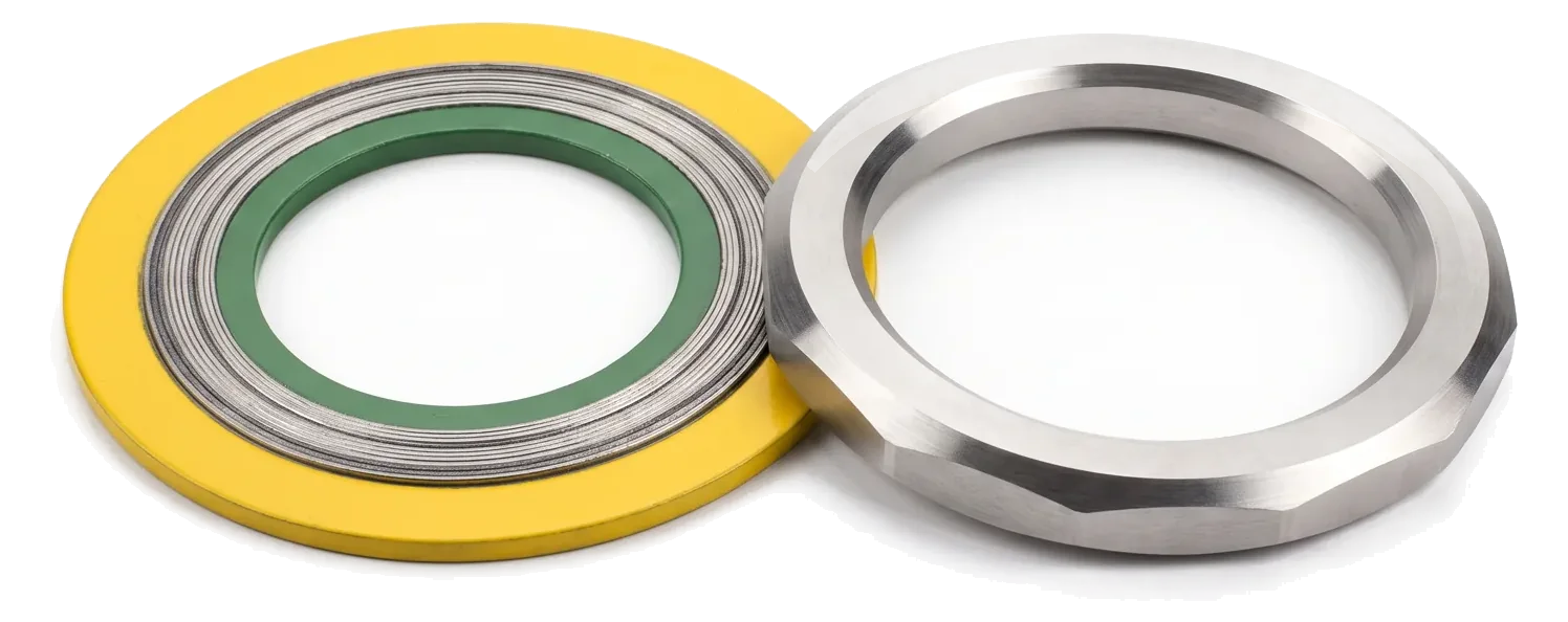 Spiral wound gaskets with inner and outer rings, and ring joint gaskets