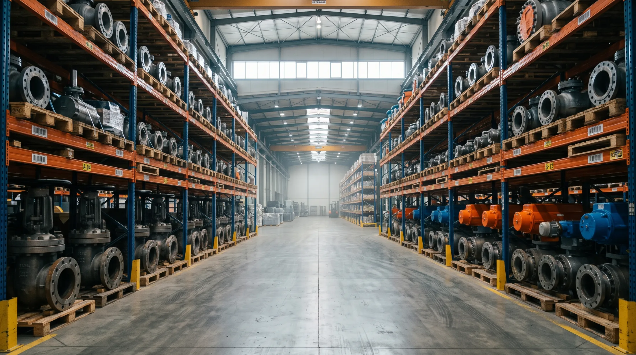 Valves stocked on racking in the Dubai warehouse